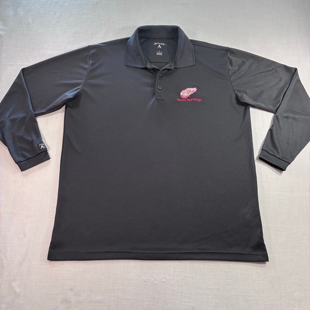 Detroit Red Wings Antigua Polo Shirt Mens Large Black Long Sleeve NHL